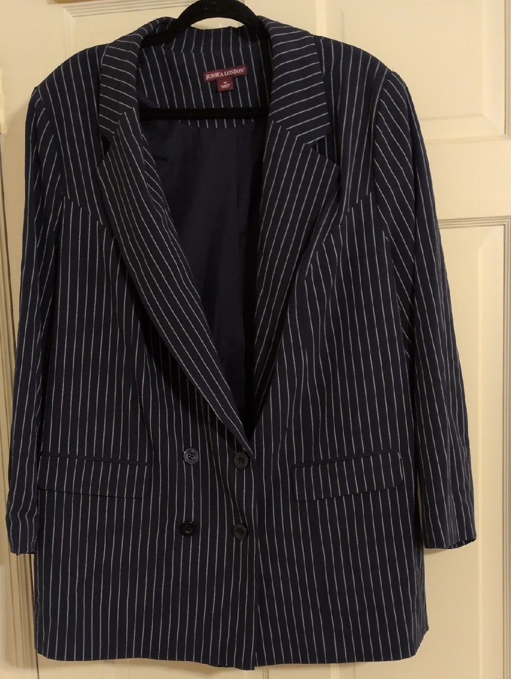 Jessica London Navy and White Pinstripe Double-Breasted Blazer